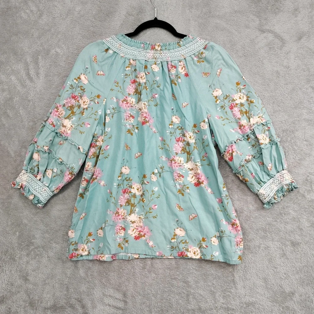 Spartina 449 Top M Boho Floral Smocked Neck Blouson Tiered Sleeve Cottagecore - Picture 2 of 8